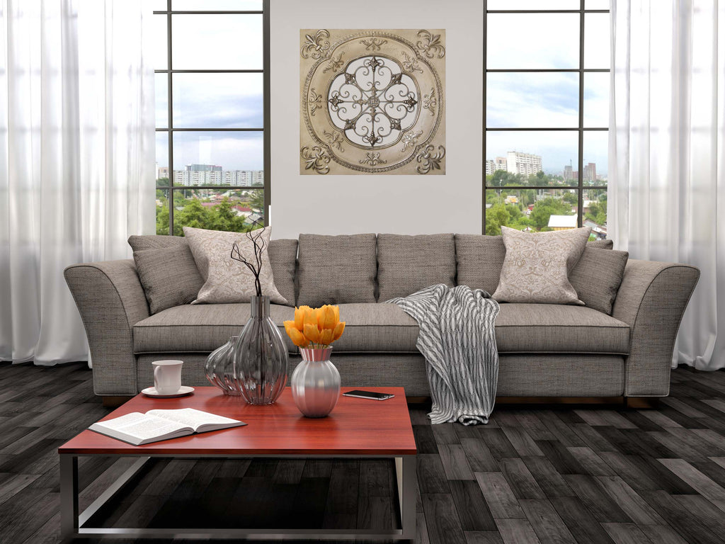 Cutout Center Beige Metal Wall Tile 36"x36" Installed