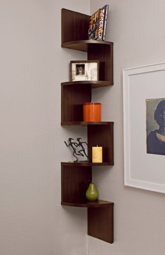 Danya B. Large Corner Wall Mount Shelf Walnut Installed
