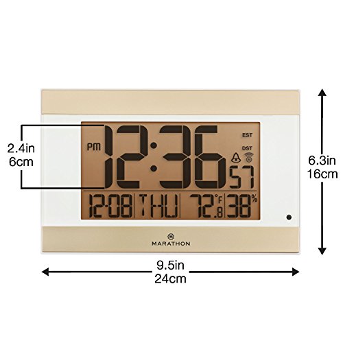 MARATHON Atomic Digital Wall Clock With Auto-Night Light, Temperature & Humidity 12"x9" Size