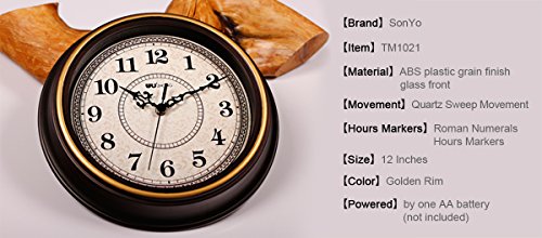 SonYo 12" Silent Vintage Style Wooden Wall Clock Features