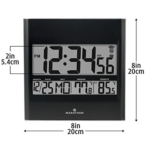 MARATHON Atomic Wall Clock with 8 Timezones, Indoor/Outdoor Temperature & Date 11"x10" Size
