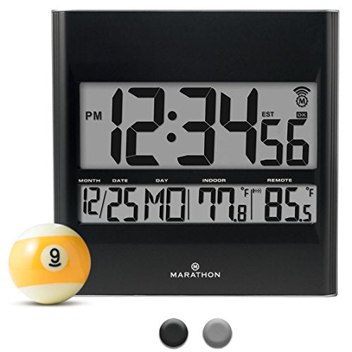 MARATHON Atomic Wall Clock with 8 Timezones, Indoor/Outdoor Temperature & Date 11"x10"