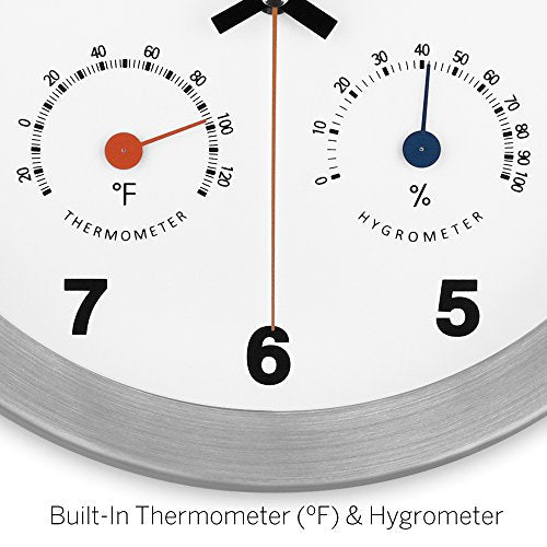 DecoMates 10" Silent Wall Clock with Built-In Thermometer Fahrenheit/Hygrometer Guages
