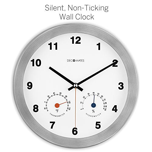 DecoMates 10" Silent Wall Clock with Built-In Thermometer Fahrenheit/Hygrometer Silent