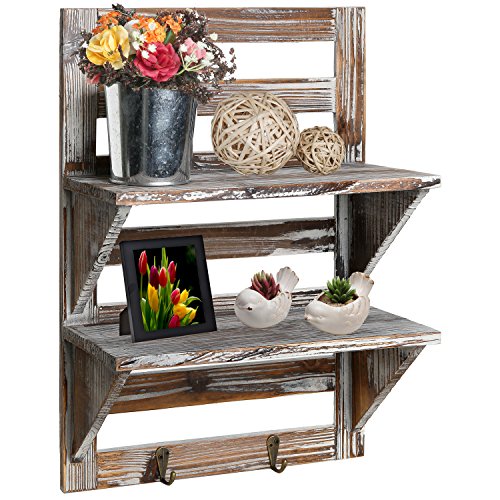 MyGift Rustic Wood Wall Mounted Organizer Shelves w/ 2 Hooks 12.5x17.5 Angle2