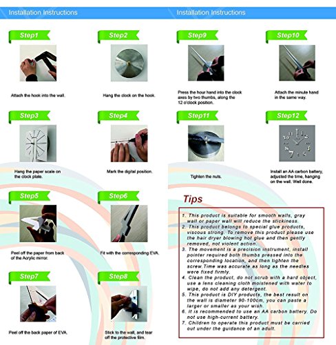 CoZroom Large Silver 3D Frameless Wall Clock Instructions