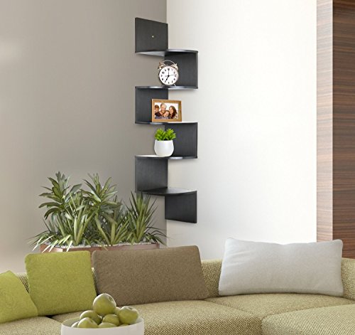 Greenco 5 Tier Wall Mount Corner Shelves Natural Finish