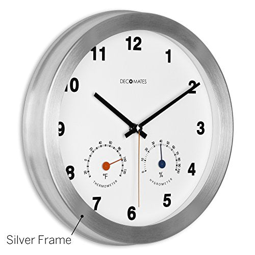 DecoMates 10" Silent Wall Clock with Built-In Thermometer Fahrenheit/Hygrometer Angle