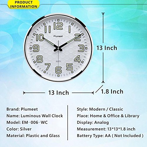 Plumeet 13" Silent Wall Clock with Night Lights Size