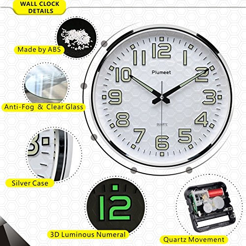 Plumeet 13" Silent Wall Clock with Night Lights Features