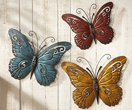 Nature Inspired Metal Butterfly Decorative Wall Art Trio (Set of 3) Installed