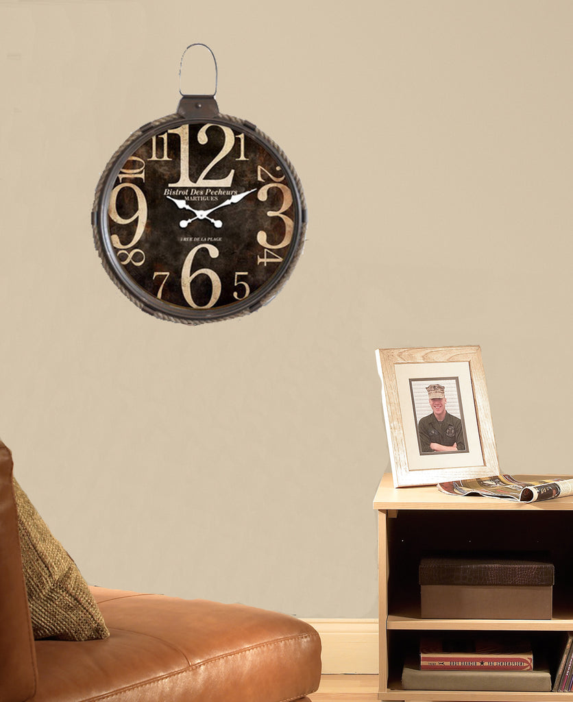 Brown Rope Wall Clock w/Rustic Ring Accent 21"x27" Installed