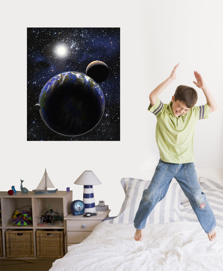 Earth, Moon & Mars Wall Decal Poster Installed