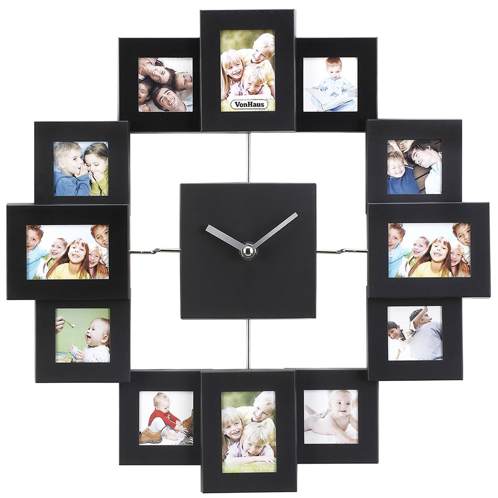 VonHaus 12 Picture Aluminum Decorative Photo Frame Wall Clock