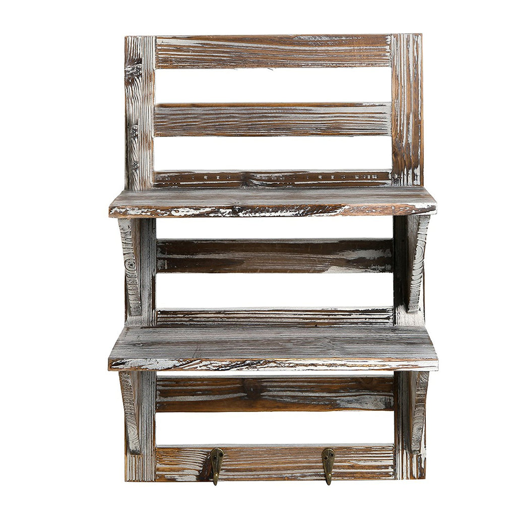 MyGift Rustic Wood Wall Mounted Organizer Shelves w/ 2 Hooks 12.5x17.5