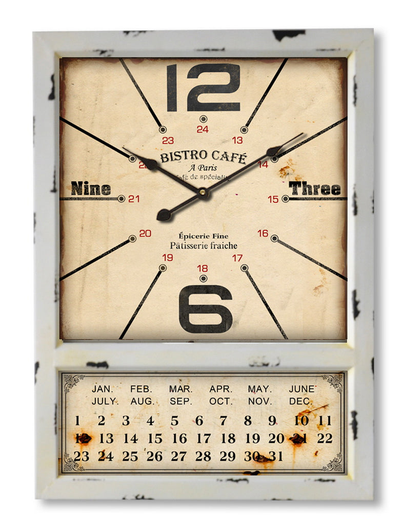 Weathered White Wall Clock w/Calendar 19"x27"