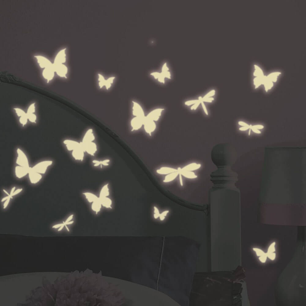 Glow-in-the-Dark Butterflies & Dragonfly Wall Decals at Night