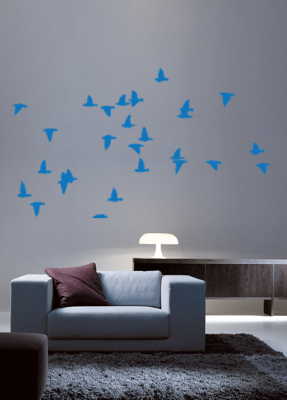Flocking Birds Blue Sihouette Wall Decal Set Installed