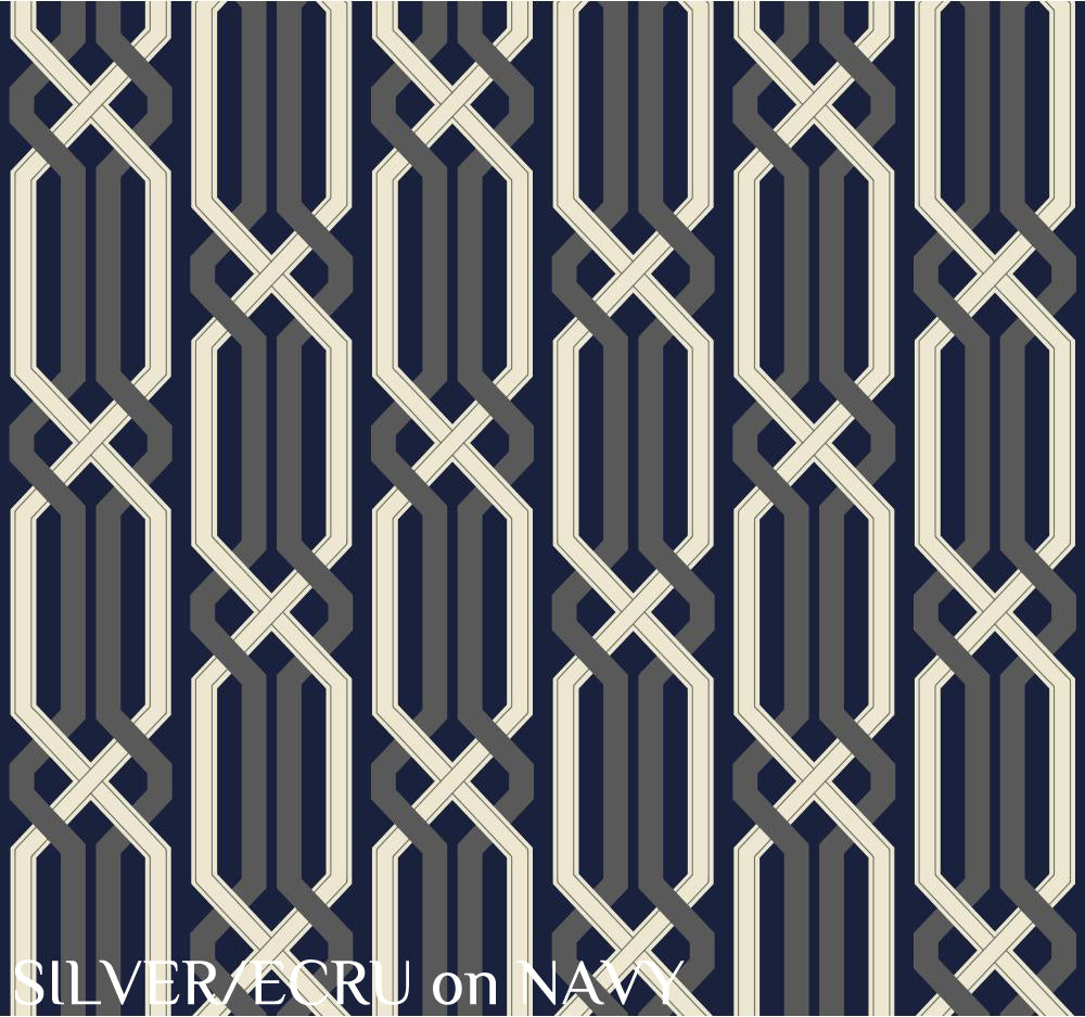 Carey Lind Designs "Criss Cross" Silver/Ecru on Navy Wallpaper