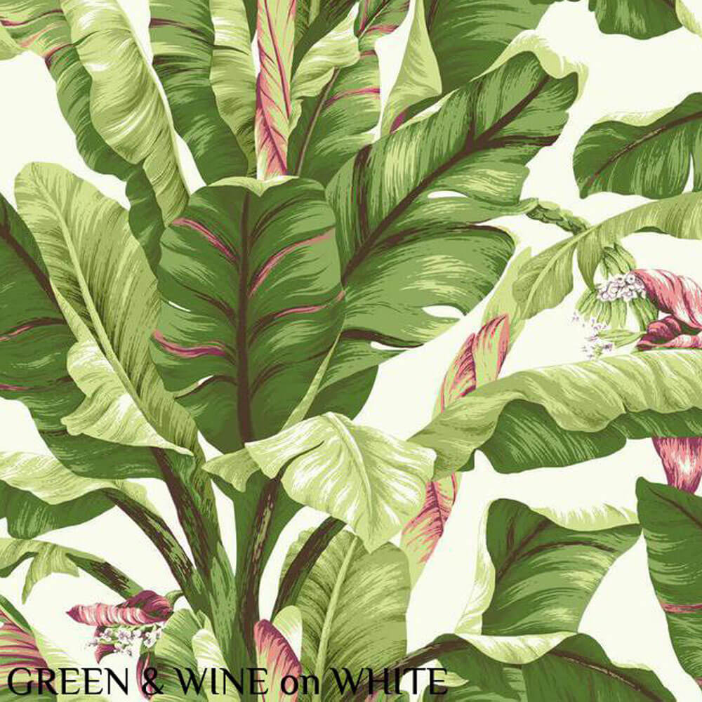 Ashford House Banana Leaf Green & Wine on White Wallpaper