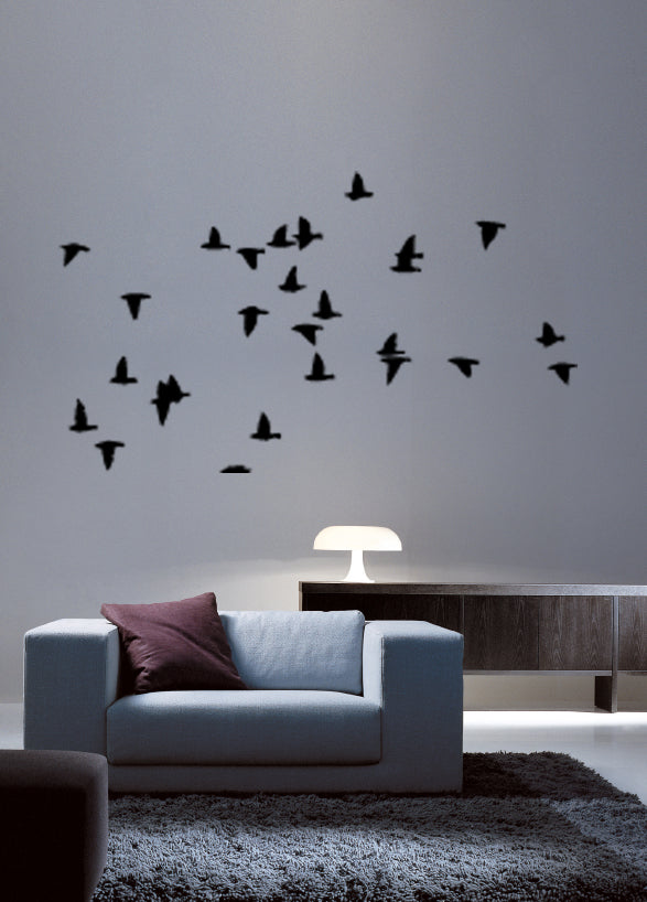 Flocking Birds Black Sihouette Wall Decal Set Installed