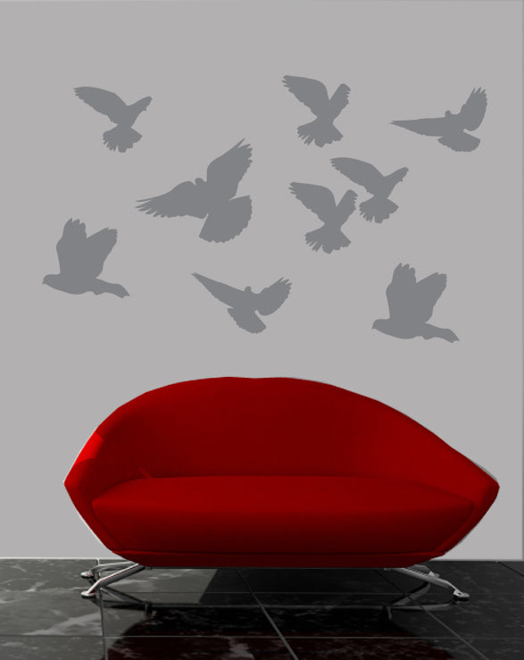 Mixed Birds Sihouette Gray Wall Decal Set Installed