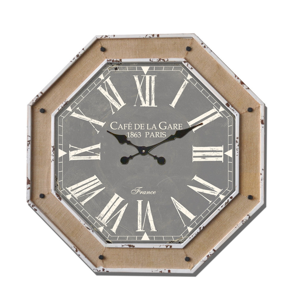 Octagon Gray Wall Clock w/Burlap Accent 27"x27"