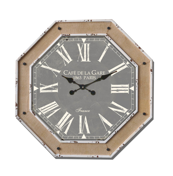 Octagon Gray Wall Clock w/Burlap Accent 27"x27"
